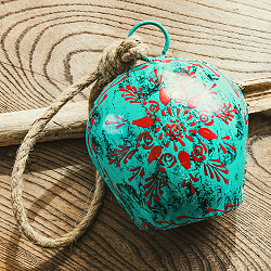 ジュート紐とハンドペイントの 手作りベル インドの素朴な味わい 縦：約12cm 横：約10cm  ふくら形 ターコイズ - サブ5