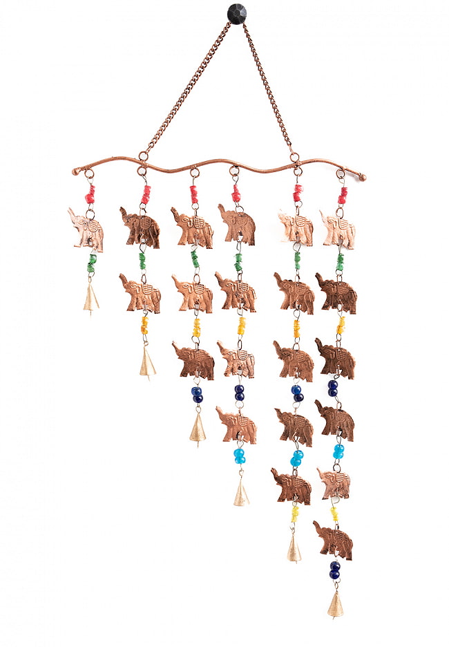 【送料無料・3個セット】 ドアチャイムなどへ！手作りのやさしい音色 インドの銅製ベル付きハンギング - カスケードエレファント〔約82cm〕 3 - 全体写真です