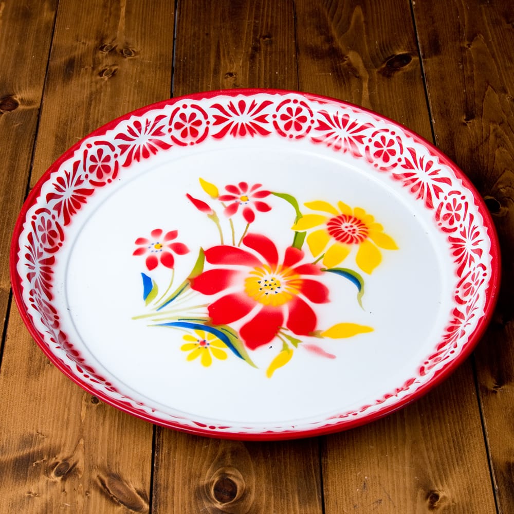 タイのレトロホーロー 花柄飾り皿・トレー RABBIT BRAND〔約45cm×約4.3