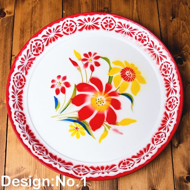 タイのレトロホーロー 花柄飾り皿・トレー RABBIT BRAND〔約45cm×約4.3cm〕 9 - 【デザイン　No.1】は、このような柄になります。