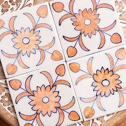 〔10cm×10cm〕ブルーポッタリー ジャイプール陶器の正方形デコレーションタイル唐草オレンジ - サブ5