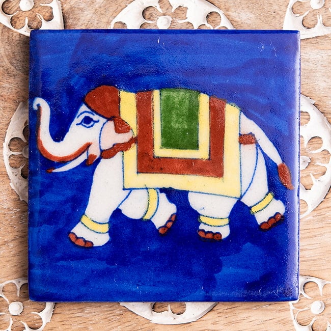 〔10cm×10cm〕ブルーポッタリー ジャイプール陶器の正方形デコレーションタイルインド象の写真