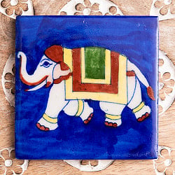 〔10cm×10cm〕ブルーポッタリー ジャイプール陶器の正方形デコレーションタイルインド象