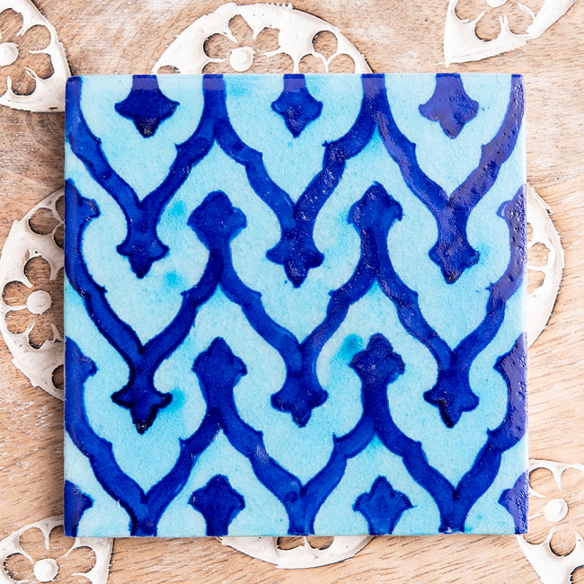 〔10cm×10cm〕ブルーポッタリー ジャイプール陶器の正方形デコレーションタイルモロカン 5 - 光沢感がありハンドペイントが映えます。2:水色