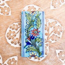〔10cm×5cm〕ブルーポッタリー ジャイプール陶器の唐草デコレーションタイル -水色(ID-FTNS-125)