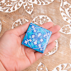 〔4.9cm×4.9cm〕ブルーポッタリー ジャイプール陶器の正方形デコレーションタイル - クロス黄緑 - サブ5