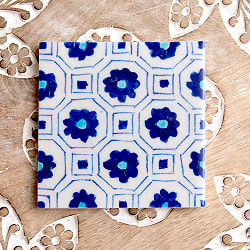 〔10cm×10cm〕ブルーポッタリー ジャイプール陶器の正方形デコレーションタイル 小花青