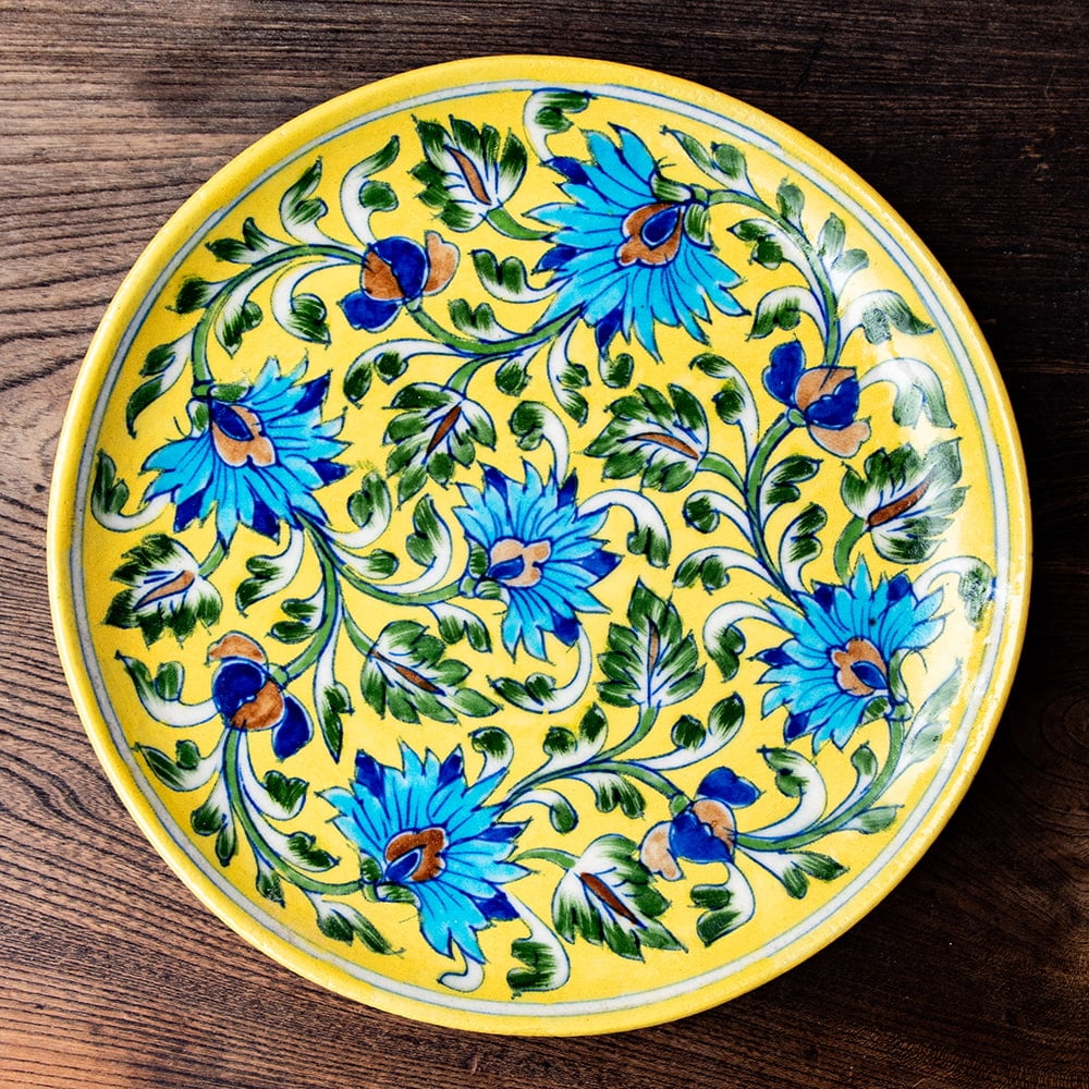 大皿 直径：25.5cm〕ブルーポッタリー ジャイプール陶器の円形飾り皿 黄唐草 の通販