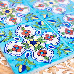 〔10cm×10cm〕ブルーポッタリー ジャイプール陶器の正方形デコレーションタイル クロス型唐草水色 - サブ2