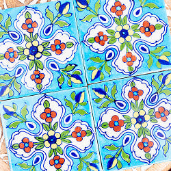 〔10cm×10cm〕ブルーポッタリー ジャイプール陶器の正方形デコレーションタイル クロス型唐草水色 - サブ5