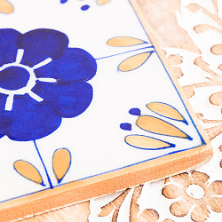 〔10cm×10cm〕ブルーポッタリー ジャイプール陶器の正方形デコレーションタイル 青オレンジ花 - サブ3