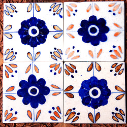 〔10cm×10cm〕ブルーポッタリー ジャイプール陶器の正方形デコレーションタイル 青オレンジ花 - サブ5
