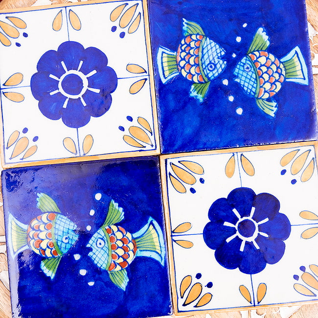 〔10cm×10cm〕ブルーポッタリー ジャイプール陶器の正方形デコレーションタイル 青花とオレンジ枠 6 - 組合せ次第で色々な表情が見えます。