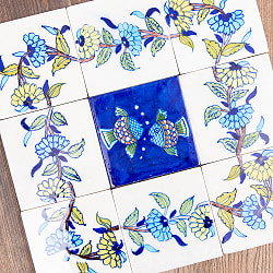 〔10cm×10cm〕ブルーポッタリー ジャイプール陶器の正方形デコレーションタイル 水色と黄色のお花コーナー 【組合せ可能】 - サブ5