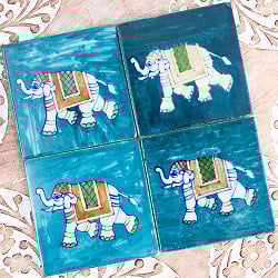 〔7.5cm×7.5cm〕ブルーポッタリー ジャイプール陶器の正方形デコレーションタイル 象深緑 - サブ5