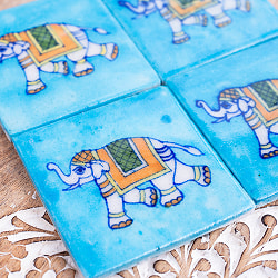 〔7.5cm×7.5cm〕ブルーポッタリー ジャイプール陶器の正方形デコレーションタイル 象水色 - サブ2