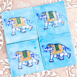 〔7.5cm×7.5cm〕ブルーポッタリー ジャイプール陶器の正方形デコレーションタイル 象水色 - サブ5