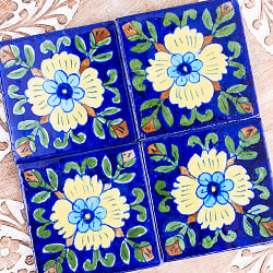 〔7.5cm×7.5cm〕ブルーポッタリー ジャイプール陶器の正方形デコレーションタイル 青黄花 - サブ5