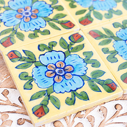 〔7.5cm×7.5cm〕ブルーポッタリー ジャイプール陶器の正方形デコレーションタイル  水色花 - サブ2