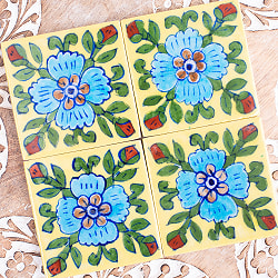 〔7.5cm×7.5cm〕ブルーポッタリー ジャイプール陶器の正方形デコレーションタイル  水色花 - サブ5