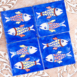 〔7.5cm×7.5cm〕ブルーポッタリー ジャイプール陶器の正方形デコレーションタイル 2匹のおさかな - サブ5