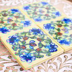 〔7.5cm×7.5cm〕ブルーポッタリー ジャイプール陶器の正方形デコレーションタイル 蔦　黄色 - サブ2