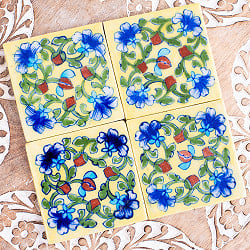 〔7.5cm×7.5cm〕ブルーポッタリー ジャイプール陶器の正方形デコレーションタイル 蔦　黄色 - サブ5