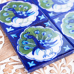 〔7.5cm×7.5cm〕ブルーポッタリー ジャイプール陶器の正方形デコレーションタイル 孔雀 - サブ2