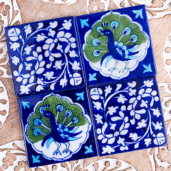 〔7.5cm×7.5cm〕ブルーポッタリー ジャイプール陶器の正方形デコレーションタイル 孔雀 - サブ5