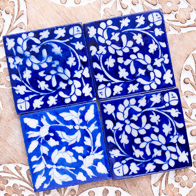 〔7.5cm×7.5cm〕ブルーポッタリー ジャイプール陶器の正方形デコレーションタイル 青花 5 - 光沢感がありハンドペイントが映えます。