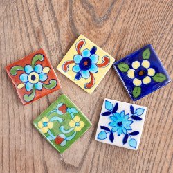 【全5種】〔3.7cm×3.7cm〕ブルーポッタリー ジャイプール陶器の正方形デコレーションタイル ミニ花(ID-FTNS-192)