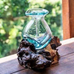 天然木とリサイクルガラスのしずく型ポット 蓋付き