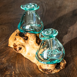 天然木とリサイクルガラスのしずく型ポット 2連 蓋付き - サブ3