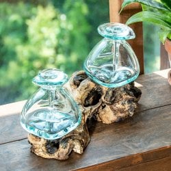 天然木とリサイクルガラスのしずく型ポット 2連 蓋付き