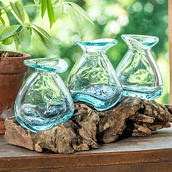 天然木とリサイクルガラスのしずく型ポット 3連 - サブ2