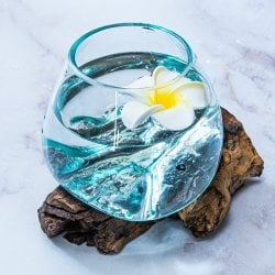 天然木とリサイクルガラスのポット 水盆