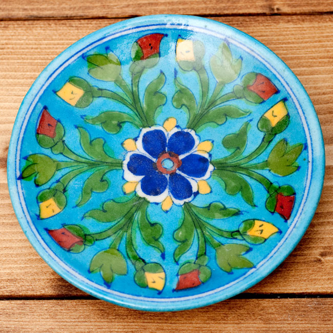 〔直径:12.5cm〕ブルーポッタリー ジャイプール陶器の円形飾り皿・小物入れ - 水色系 6 - こちらはデザイン【選択:B】の柄になります
