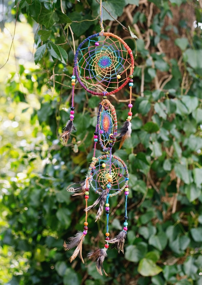3連ドリームキャッチャー[直径：14cm]の写真ハンギング,ドリームキャッチャー,ヘンプ,ビーズ,夢
