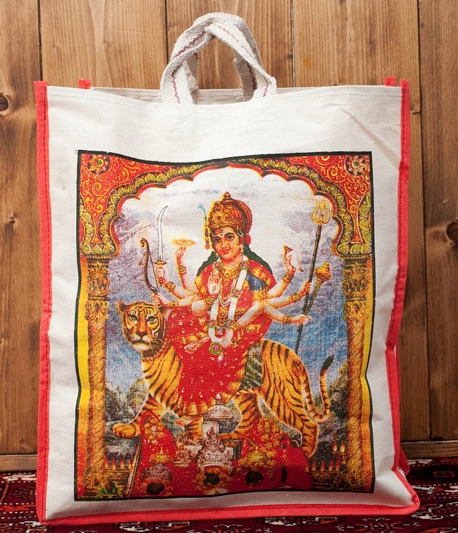 マサラ帆布バッグ[ドゥルガー]の写真1枚目です。斜めから全体写真を撮影しましたエコバッグ,トートバッグ,ショッピングバッグ,マイバック,レジバッグ,帆布バッグ,インド 日用品,インド バッグ,マチ広,ヒンドゥー教,ブッダ,ガネーシャ,シヴァ