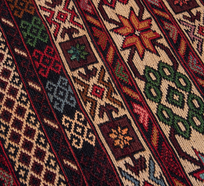 【一点物】バルーチ　カル・ムハマディ族　遊牧民による草木染め手織りトライバルキリム スマック織り - 約196cm x 125cm 7 - 柄をアップにしました