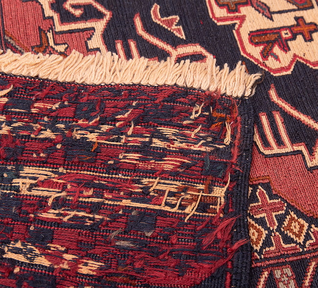 【一点物】バルーチ　カル・ムハマディ族　遊牧民による草木染め手織りトライバルキリム スマック織り - 約185cm x 117cm 13 - 裏面です。手織りなのがわかります