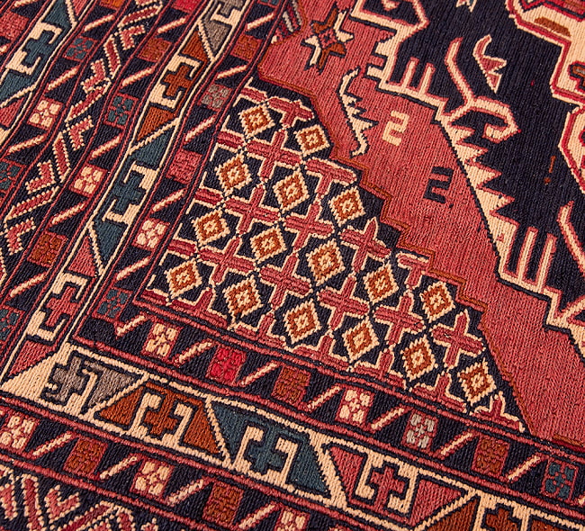 【一点物】バルーチ　カル・ムハマディ族　遊牧民による草木染め手織りトライバルキリム スマック織り - 約185cm x 117cm 9 - 柄をアップにしました