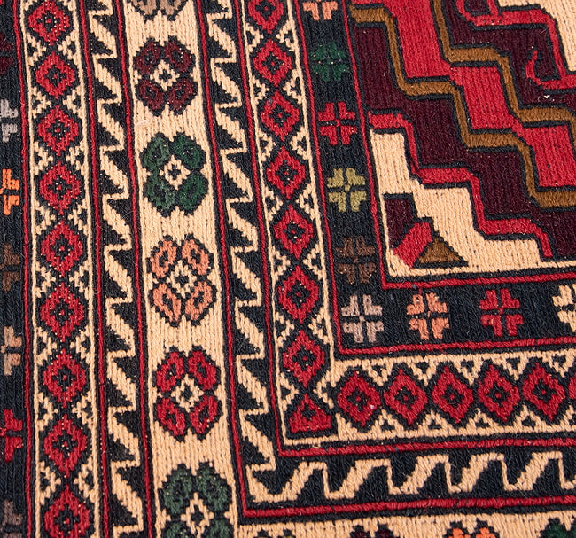【一点物】バルーチ　カル・ムハマディ族　遊牧民による草木染め手織りトライバルキリム スマック織り - 約197cm x 135cm 10 - 柄をアップにしました