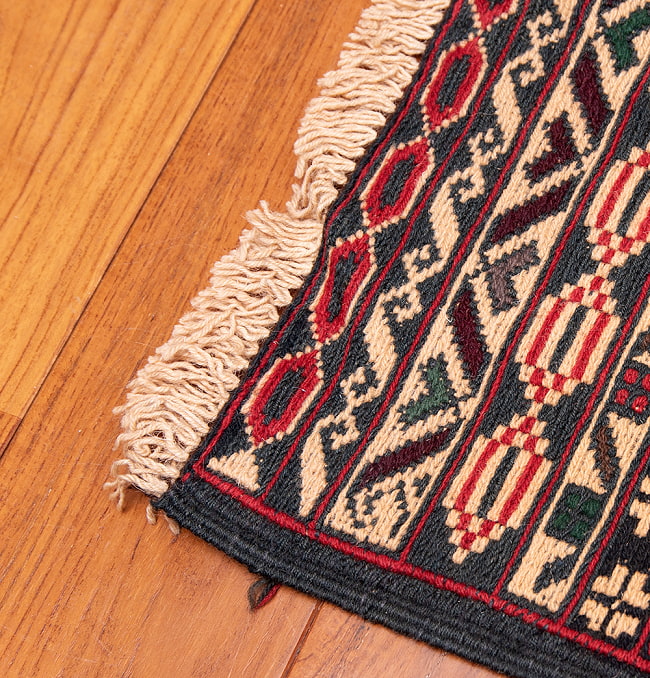 【一点物】バルーチ　カル・ムハマディ族　遊牧民による草木染め手織りトライバルキリム スマック織り - 約197cm x 135cm 12 - フリンジ周辺を拡大しました