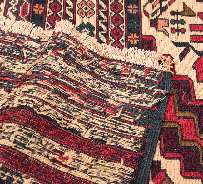 【一点物】バルーチ　カル・ムハマディ族　遊牧民による草木染め手織りトライバルキリム スマック織り - 約197cm x 135cm 13 - 裏面です。手織りなのがわかります