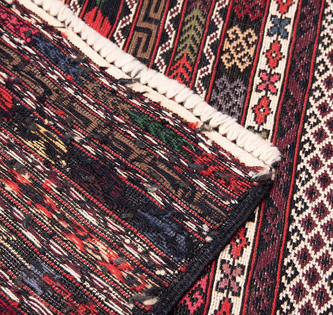 【一点物】バルーチ　カル・ムハマディ族　遊牧民による草木染め手織りトライバルキリム スマック織り - 約210cm x 110cm 14 - 裏面です。手織りなのがわかります