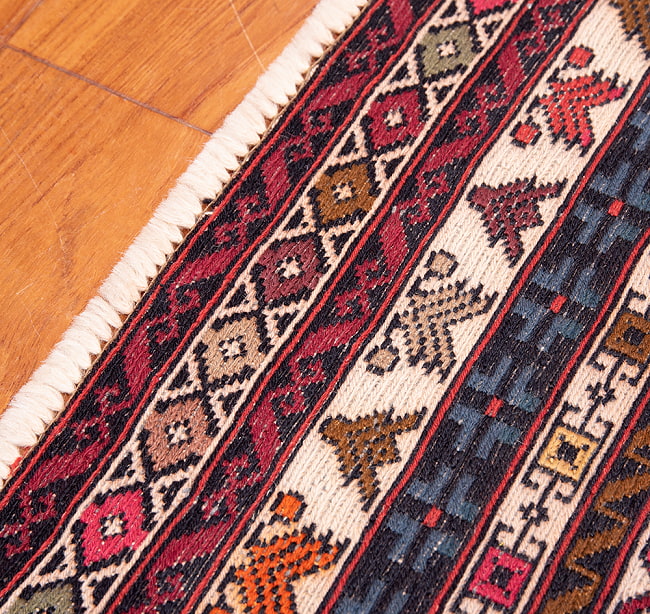 【一点物】バルーチ　カル・ムハマディ族　遊牧民による草木染め手織りトライバルキリム スマック織り - 約200cm x 118cm 11 - フリンジ周辺を拡大しました