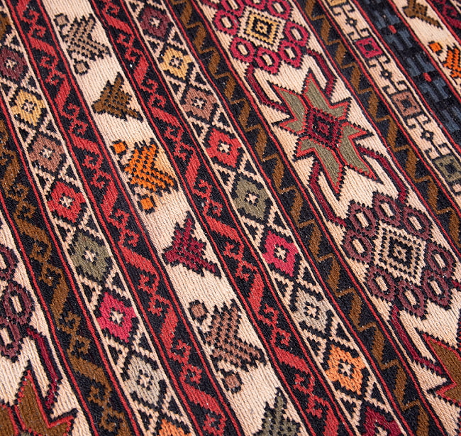 【一点物】バルーチ　カル・ムハマディ族　遊牧民による草木染め手織りトライバルキリム スマック織り - 約200cm x 118cm 8 - 柄をアップにしました