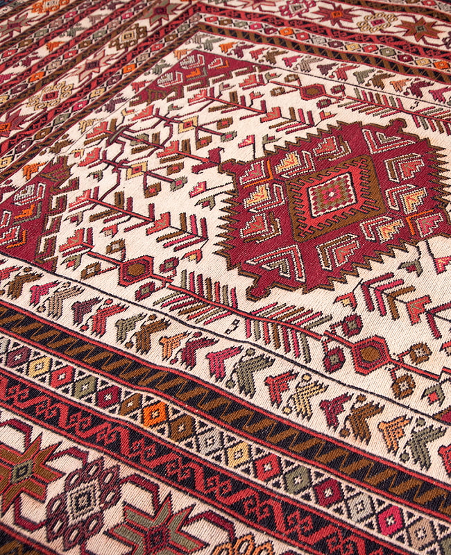 【一点物】バルーチ　カル・ムハマディ族　遊牧民による草木染め手織りトライバルキリム スマック織り - 約200cm x 118cm 9 - 柄をアップにしました