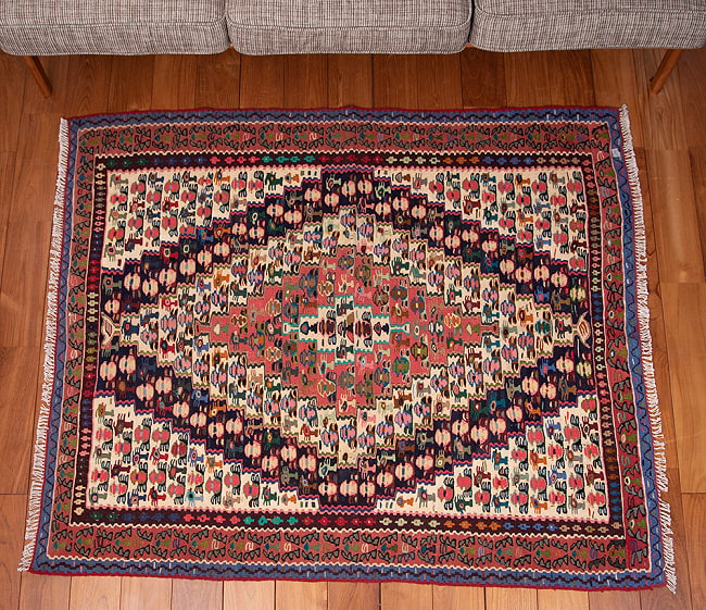 【一点物】バルーチ カル・ムハマディ族 遊牧民による草木染め手織りトライバルキリム スリット織り - 約147cm x 125cm 2 - デザインがわかりやすいように上から撮影しました